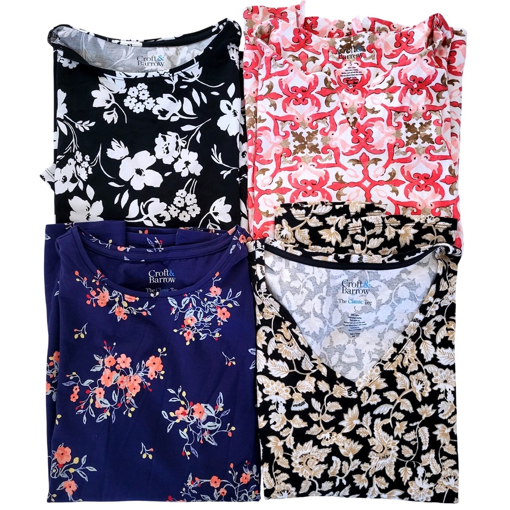 Croft & Barrow Classic Tee Women Small Lot of‎ 4 Floral V-Neck Crew Short Sleeve